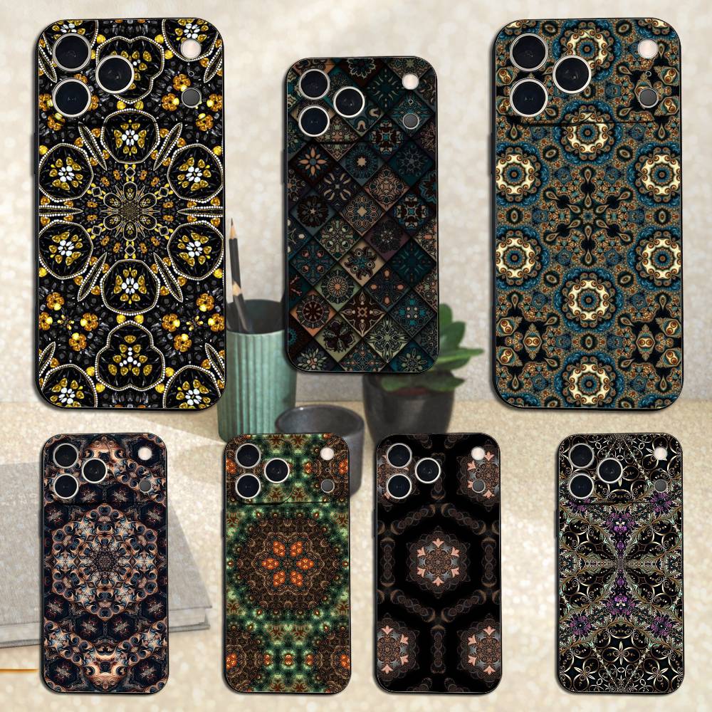 Buntes Muster Mandala Hülle Für iPhone 12,14,15,16,17,13,11,X,Mini,Plus,Pro Max,8,7,XR,SE,XS,Weiches Silikon Schwarz