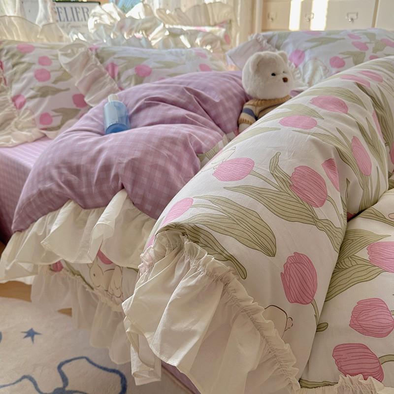 Cotton Floral Print Bedding Set Princess Style Lace Duvet Cover Sheet Pillowcase