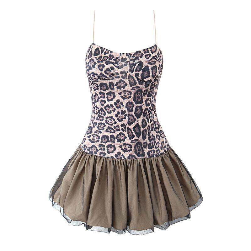 

Wild Sexy Vietnamese Niche Gyaru Style Ins Leopard Print Patchwork Suspender Skirt Waist Hugging Slimming Puffy Flower Buds Short dress Leopard-Print Slip Dress L