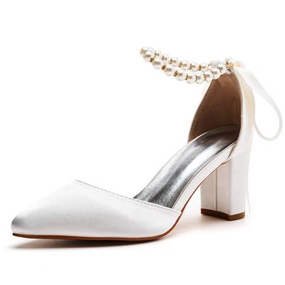 7cm Thick Heel Pointed Sandals Straps for Women's Sandals White Beaded Satin Cloth Bridal High Heels Large Size