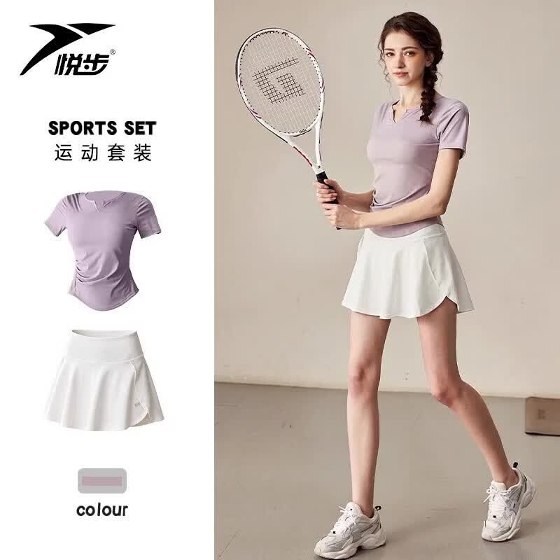 Yuebu Women's V-Neck Quick-Dry T-Shirt & Skirt Sports Set