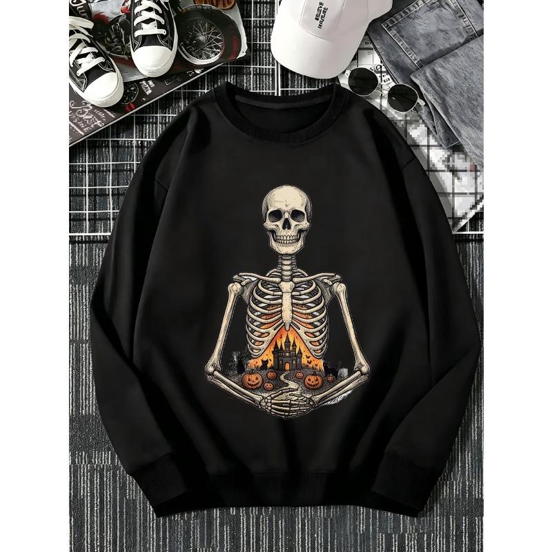 Men's Crew Neck Sweatshirt Rib Cage Haunted House Pumpkin Black Cat Bat Graphic Print Halloween Loose Long Sleeve Top All Season Wear