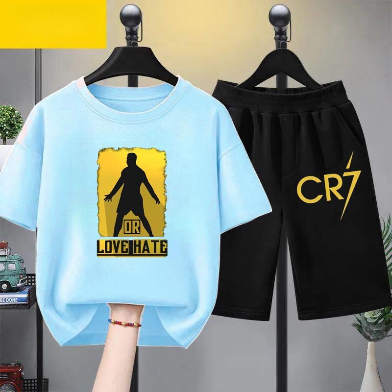 Kids Summer Children Clothing CR7 Soccer Star Print Short Sleeve Top Shorts 2pcs Set Soft Sports Tracksuit Outfit Wear
