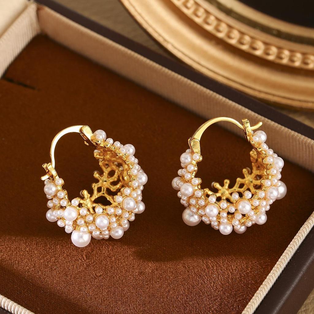 Elegant French Millet Bead Flower Basket Earrings - Stylish Ancient Design, High-Class Luxury Niche Ear Studs