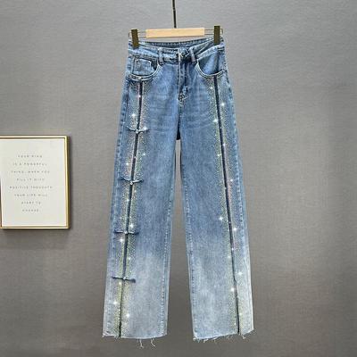 Europäischer Stil Strasssteine Used Look High-Waist Weite Hosen für Damen - Frühling 2026 Trendige Bodentiefe Hosen