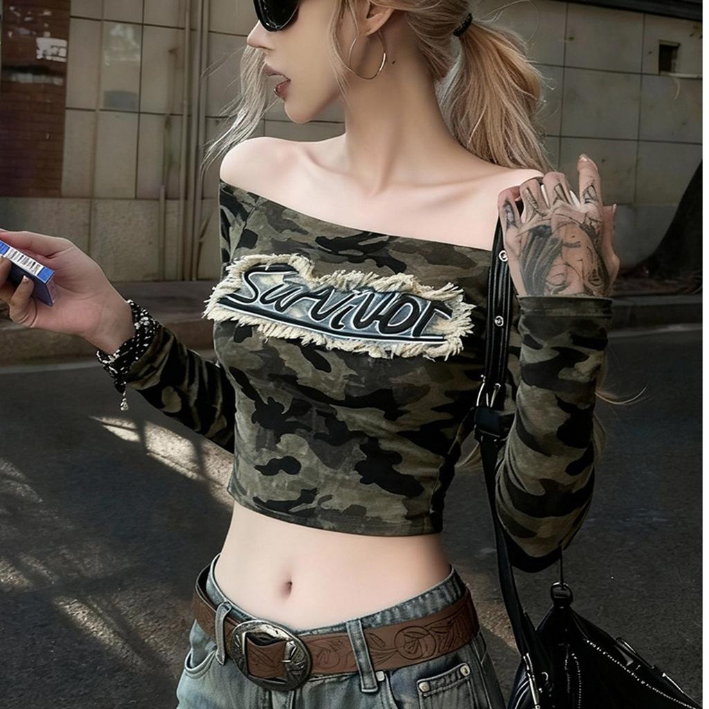 Autumn and winter new slim top camouflage short one-word collar denim long-sleeved T-shirt Spice Girl American inner base