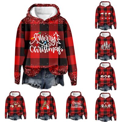 Moda casual feminina estampa de natal manga comprida gola redonda pulôver com capuz