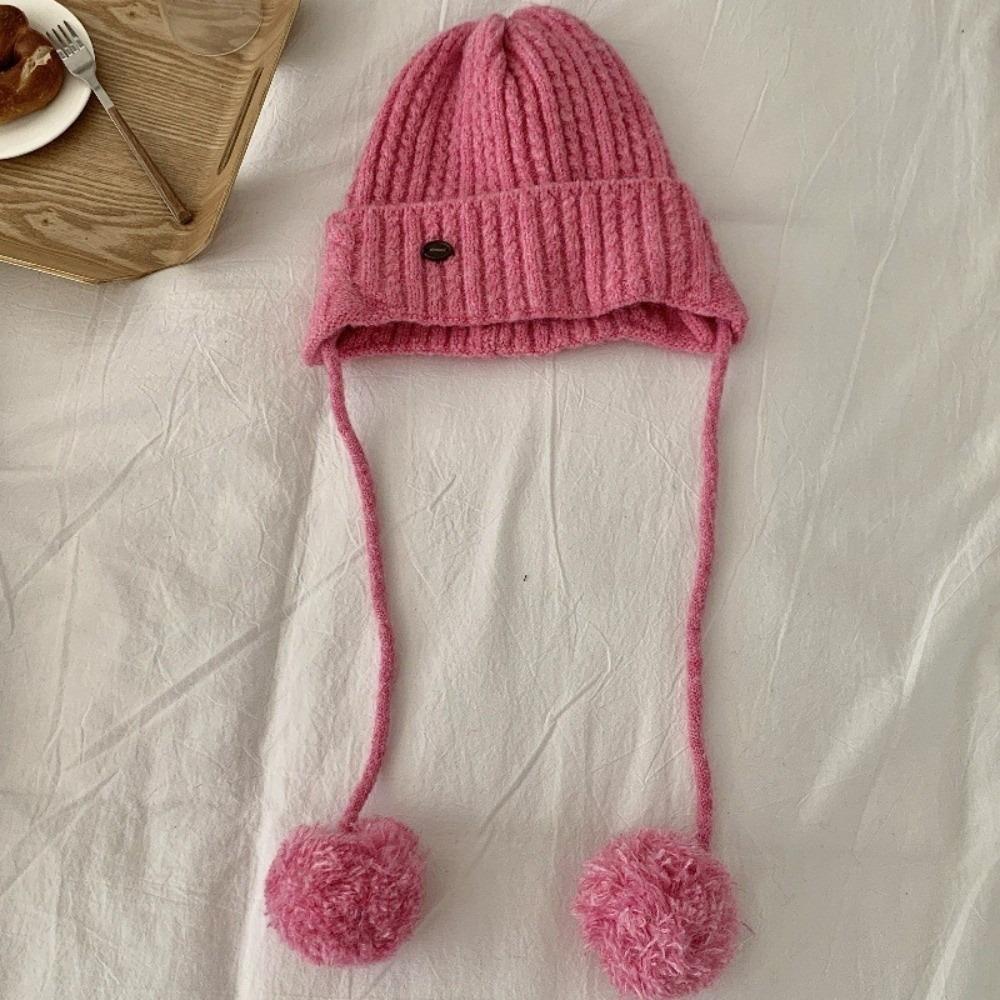 Windproof Y2k Knitted Cap Thick Beanie Hats Japanese Pom-pom Knit Cap  Outdoor