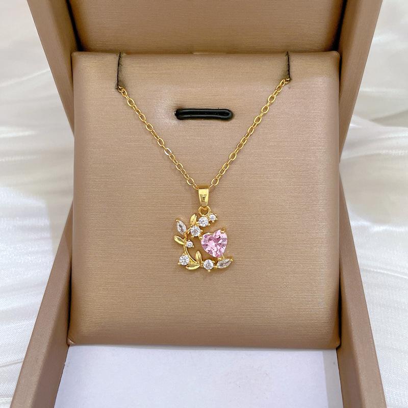 Stainless Steel Chain Pink Zircon Love Heart Leaf Pendant Necklace for Women Girls Romantic Sweet Jewelry Accessories Gifts