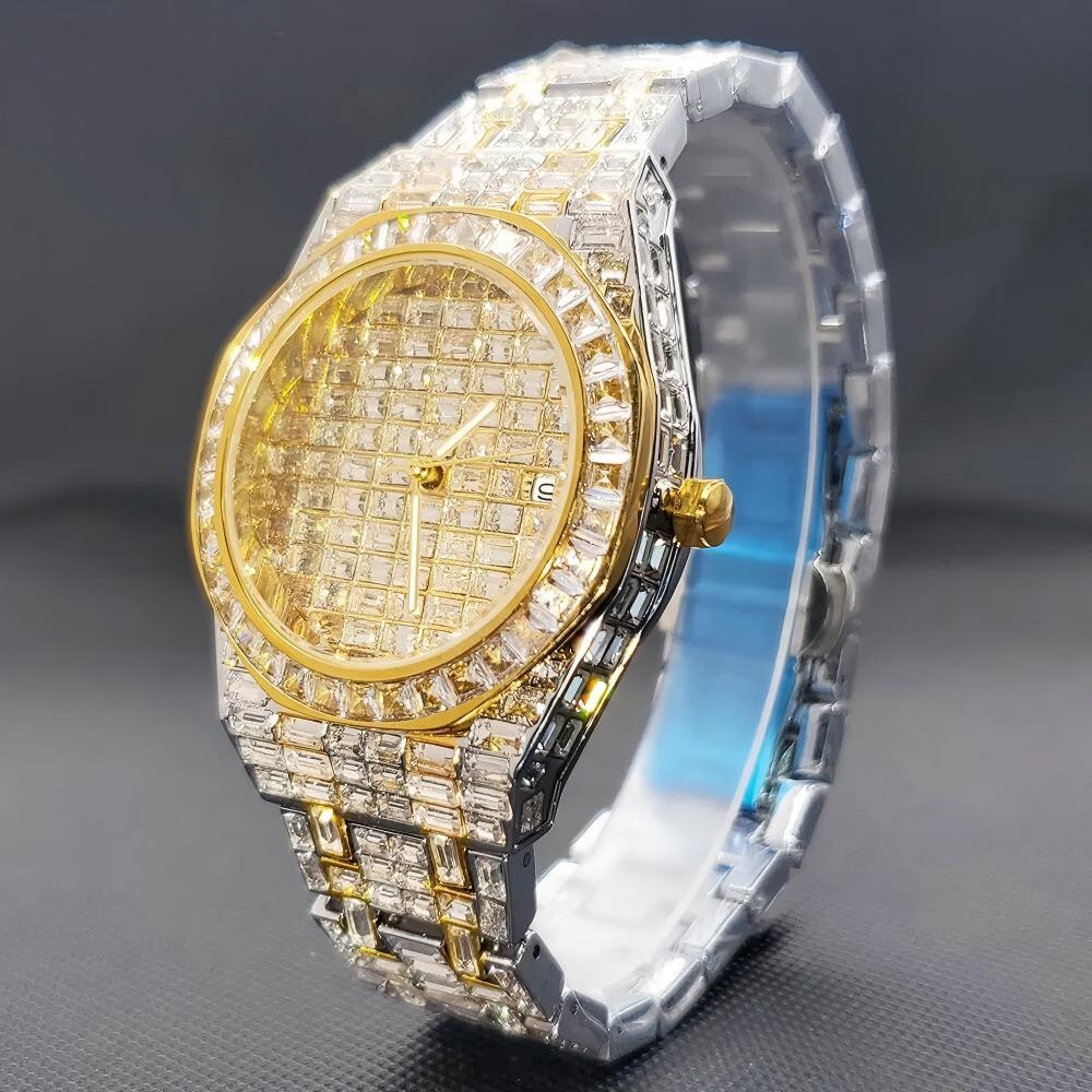 Hip Hop Jewelry Trending Massive Full Iced Out Bling Gold Tone Case Crystal Dial Waterproof Quartz Wristwatch