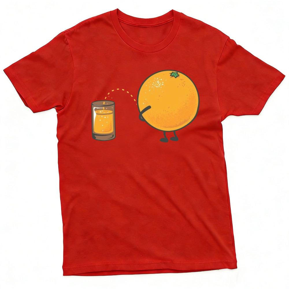 Funny Orange Fruit Peeing Into Orange Juice Glass Cartoon Art T Shirt Unisex Novelty Humor Summer Casual Tops