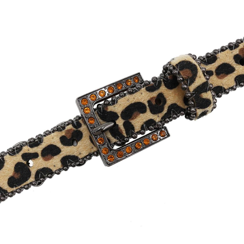 Leopard Print Women's Belt with Skull Design and Rhinestone Pin Buckle - Hip Hop Nightclub Style