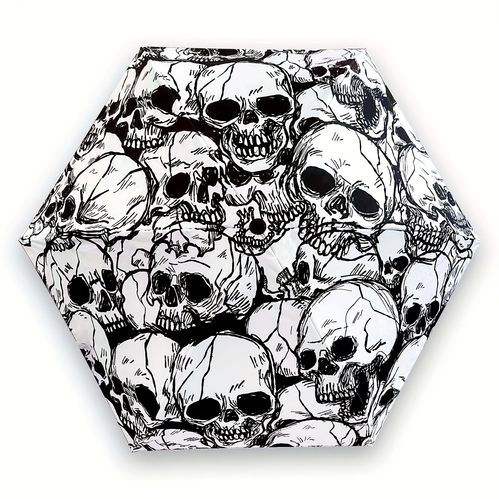

19-inch 6-rib Manual Five-fold Umbrella, Portable Ultra-light Pocket Umbrella, Creative Skull Design, and Sunblock Umbrella for Halloween