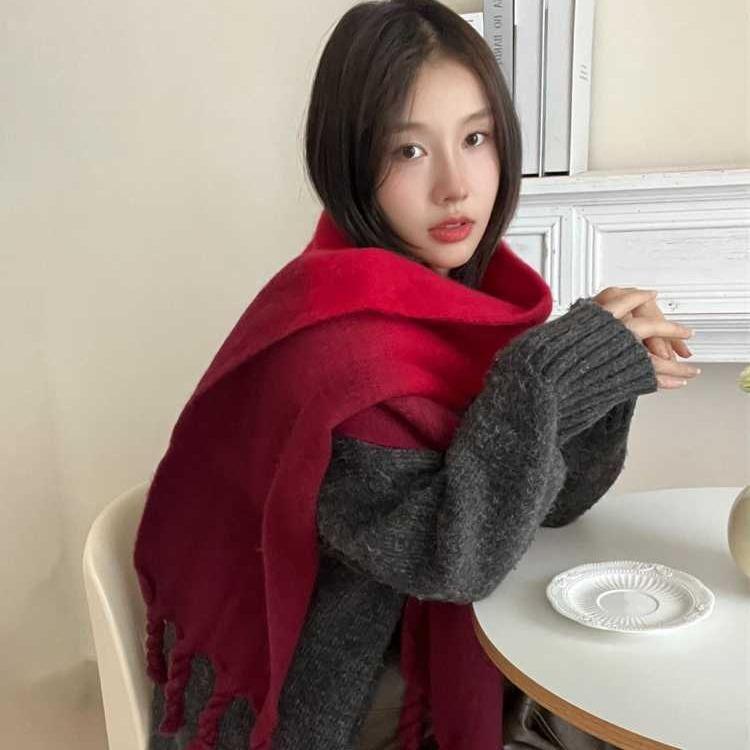 Encore Red Gradient Hanging Dyed Mohair Twist Braid Scarf Female Solid Color Couple Scarf Thick