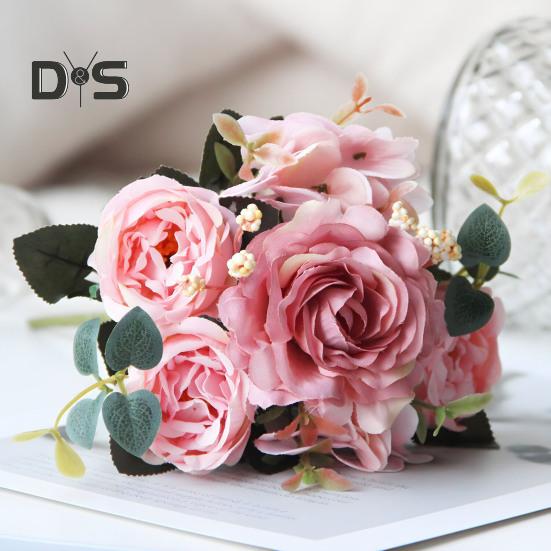 Vintage Artificial Peonies Faux Silk Flowers Bunch Hydrangea Rose Peony Floral Centerpiece for Wedding Event Party Home Decor