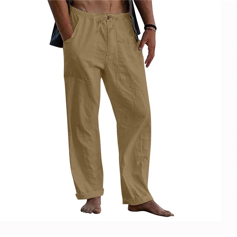 Men's Yoga Drawstring Elasticated Trousers Breathable Comfortable Loose Cotton Linen Pants Summer Beach