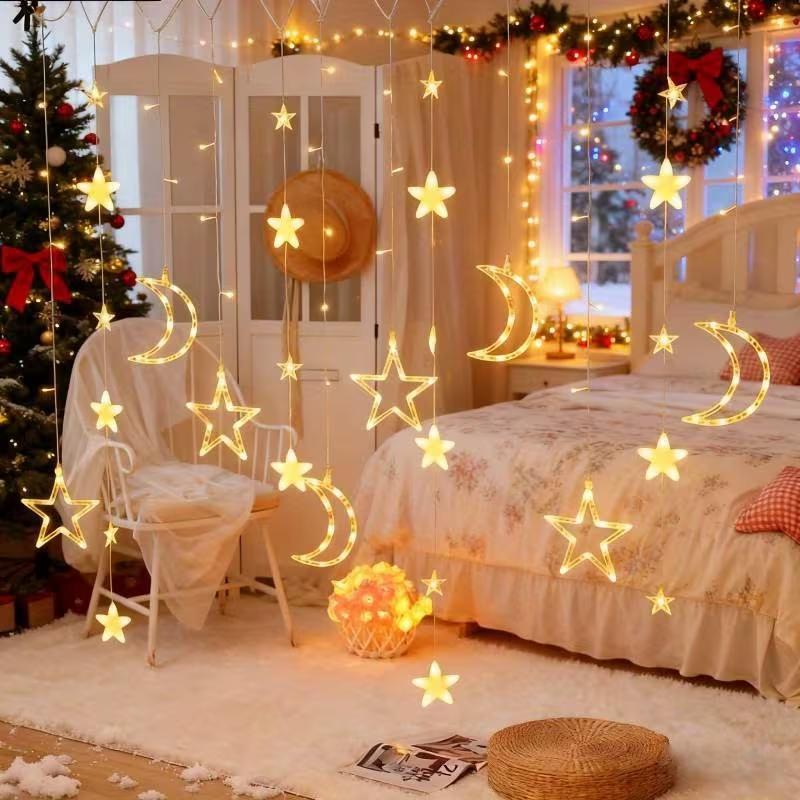USB & Battery Operated Star Moon Curtain String Lights, Warm White & Multicolor LED Fairy Hanging Lights for Bedroom, Christmas, New Year Indoor Decor