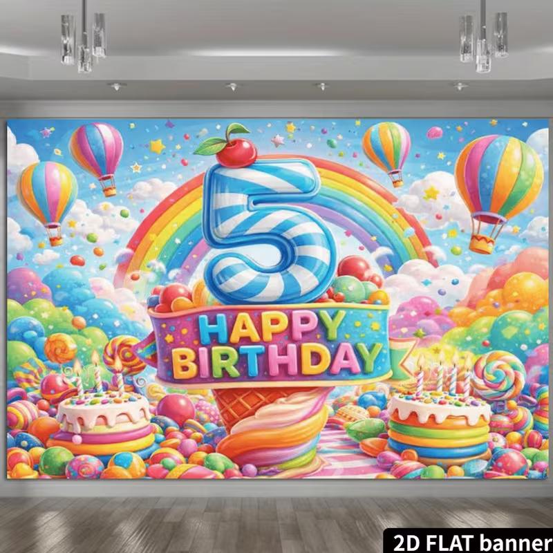 2D 5th Birthday Backdrop Rainbow Candy Hot Air Balloon Photography Background Kids Party Decoration