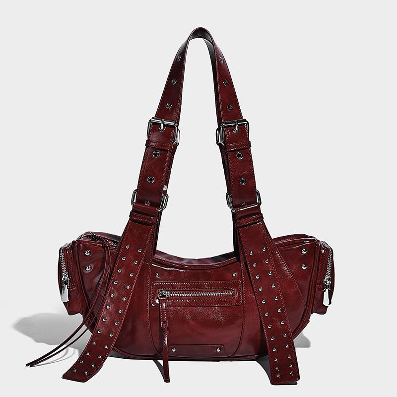 2025 High-End Motorcycle Bag Large Capacity Rivet Tassel Underarm Bag Street Style Cool Dark Series Handbag for Women