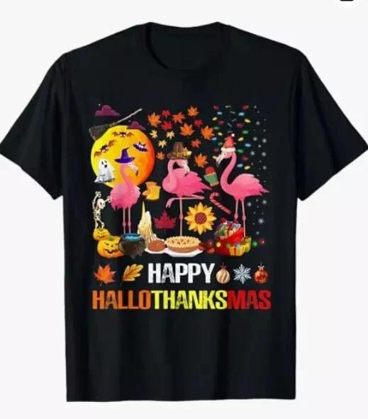 Happy Hallothanksmas Flamingo Halloween Thanksgiving Xmas T-Shirt 2XL
