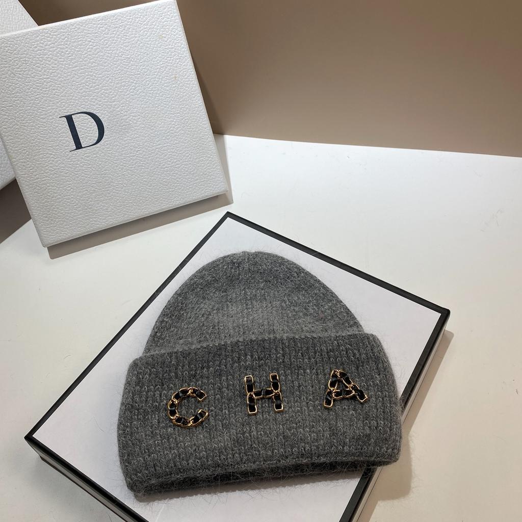 Chain Letter Cha Simple Wool Hat Winter Warm Rabbit Hair Double Fold Knitted Hat Outdoor Ear Protection