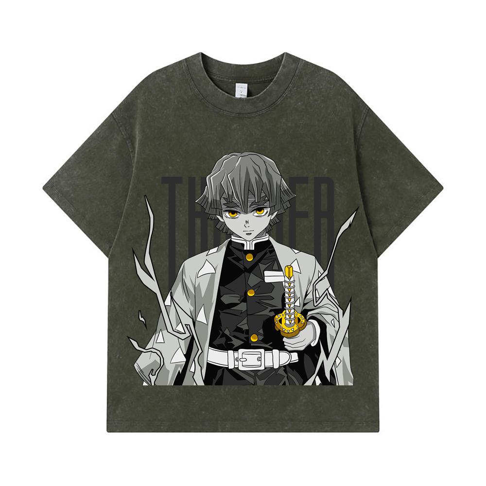 

275 GSM Washed T-shirts 100% Cotton Demon Slayer V67 Zenitsu Print Unisex Heavy Cotton T Shirt S армия зеленый