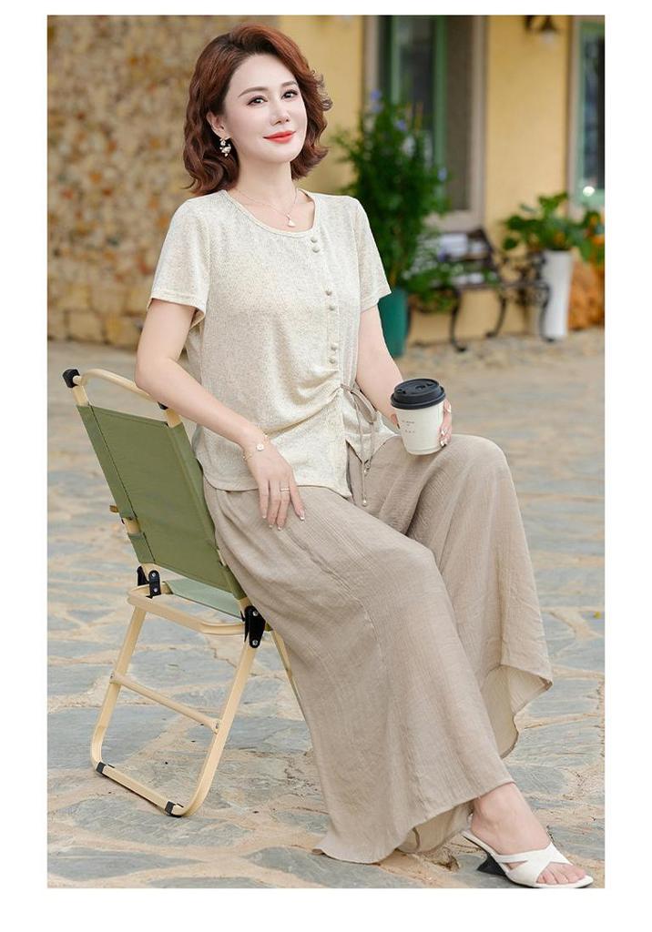 Elegant Summer Suit Set for Middle-Aged Women: Short Sleeve Top & Wide-Leg Pants