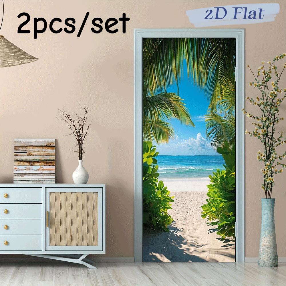 2pcs Tropical Beach Scenery Door Stickers 3D Wall Stickers Living Room Bedroom Entrance Decoration Stickers Self Adhesive Remova
