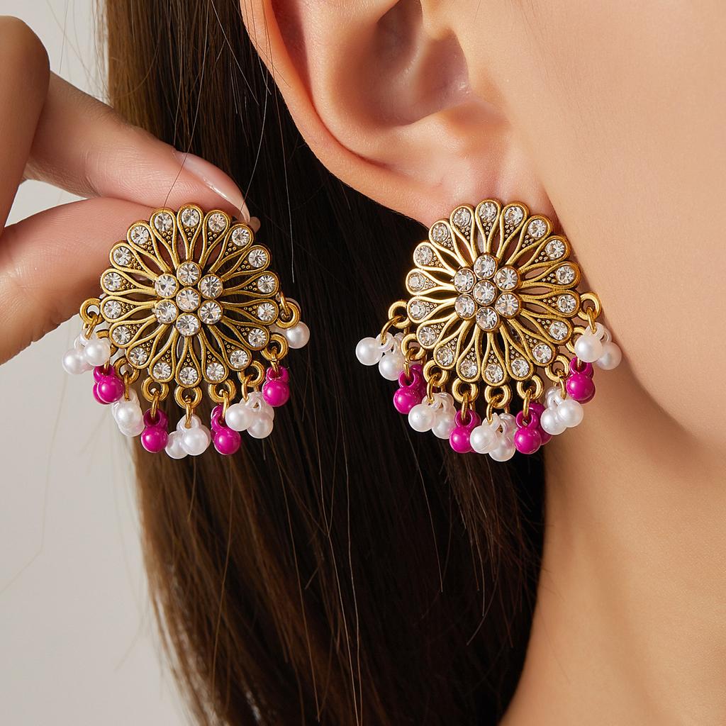 Vintage Ethnic Diamond-Set Flower Fringed Pearl Earrings Female Bohemian Travel Vacation Style Personalized Earrings Jewelry