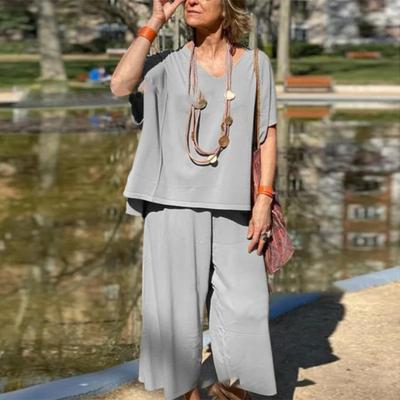 2Pcs/Set Women Summer Outfit V-Neck Short Sleeve Tee Shirt Loose Fit Wide Leg Pants Set Solid Color Casual Outfit