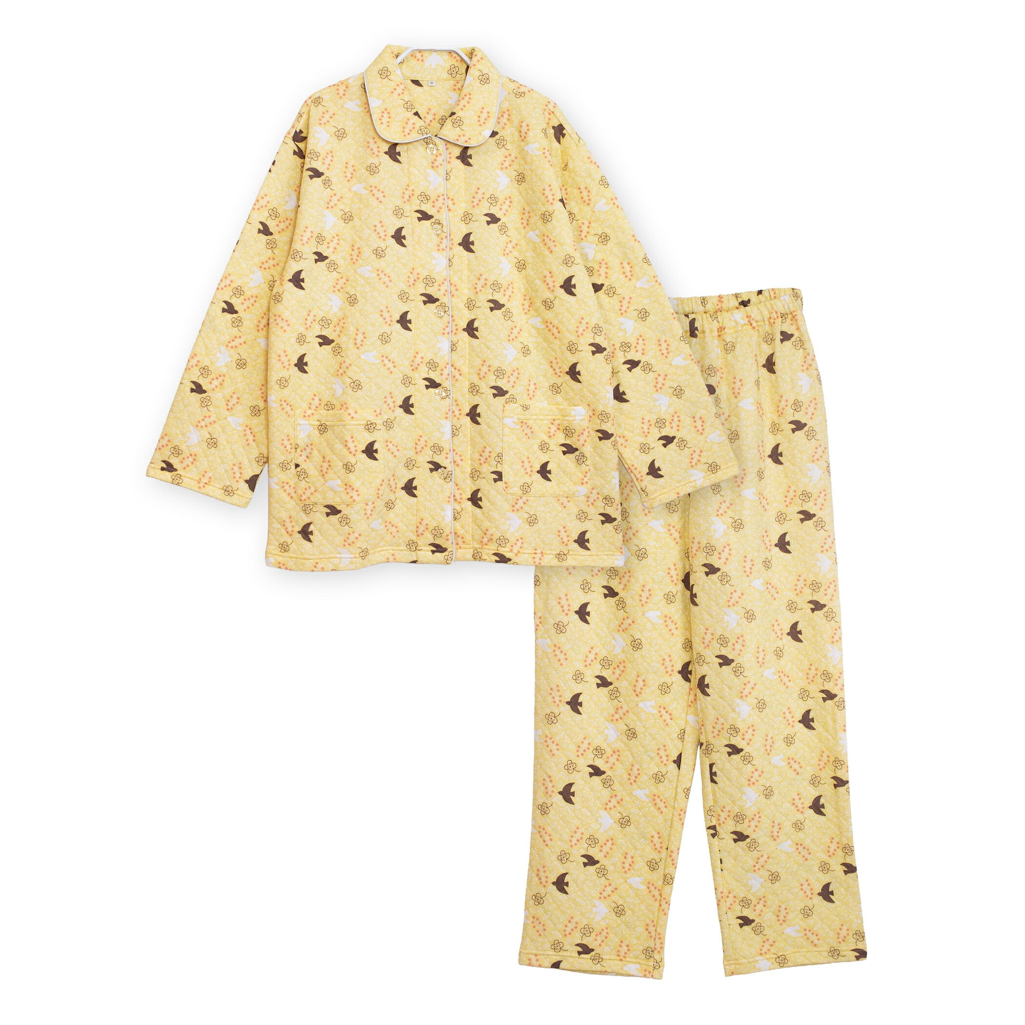 

Cotton Quilted Soft and Long Sleeve Top and Bottom Bird Size Women s 100% Pajamas, Comfortable, Set, Print, Breathable, Cream, M, Autumn/Winter кремовый