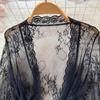 Mesh Sheer Sensual Cardigan Nightwear Women Solid V-Neck Lace Print Night Dresses Female Long Sleeve Lingerie Erotic Pajamas 2024
