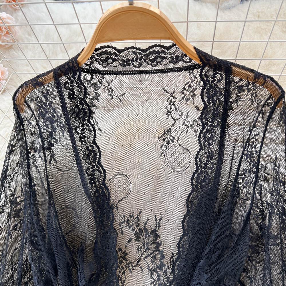 Mesh Sheer Sensual Cardigan Nightwear Women Solid V-Neck Lace Print Night Dresses Female Long Sleeve Lingerie Erotic Pajamas 2024