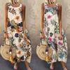 Abito Lungo Lento da Donna Vintage Senza Maniche Scollo O Stampa Floreale Foglie Cotone Lino