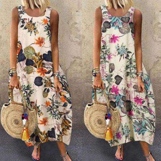 Abito Lungo Lento da Donna Vintage Senza Maniche Scollo O Stampa Floreale Foglie Cotone Lino