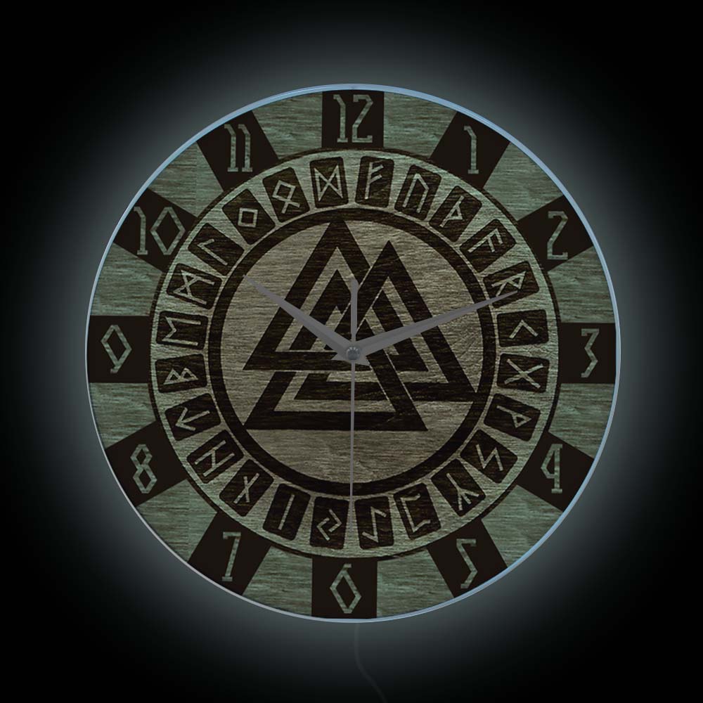 Nordisches Valknut-Symbol und Runen, modernes Design, Wanduhr, keltisches Muster, Amulett, Wohnkultur, Uhr, Wikinger-Kunstdruck, Wanduhr