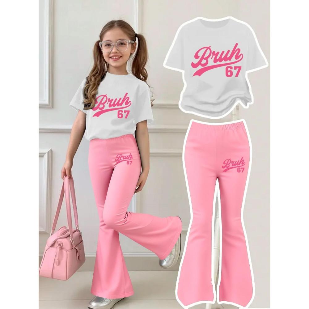 Женский комплект из двух предметов: топ с коротким рукавом и расклешенные брюки - Bruh67 Принт, круглый вырез, короткий рукав и розовые расклешенные брюки, комплект из двух предметов 120