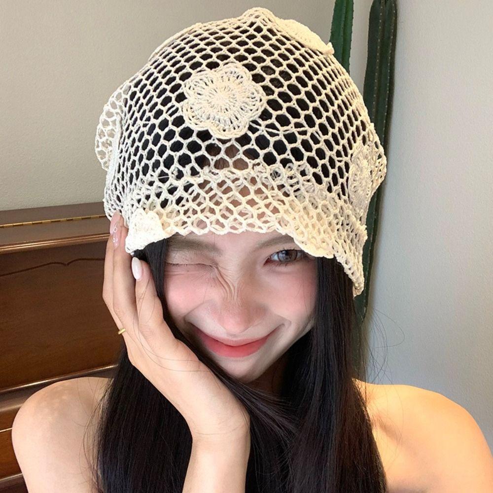 Cute Crochet Flower Hat Handmade Weave Cap Retro Flower Knitted Hat  Spring and Summer