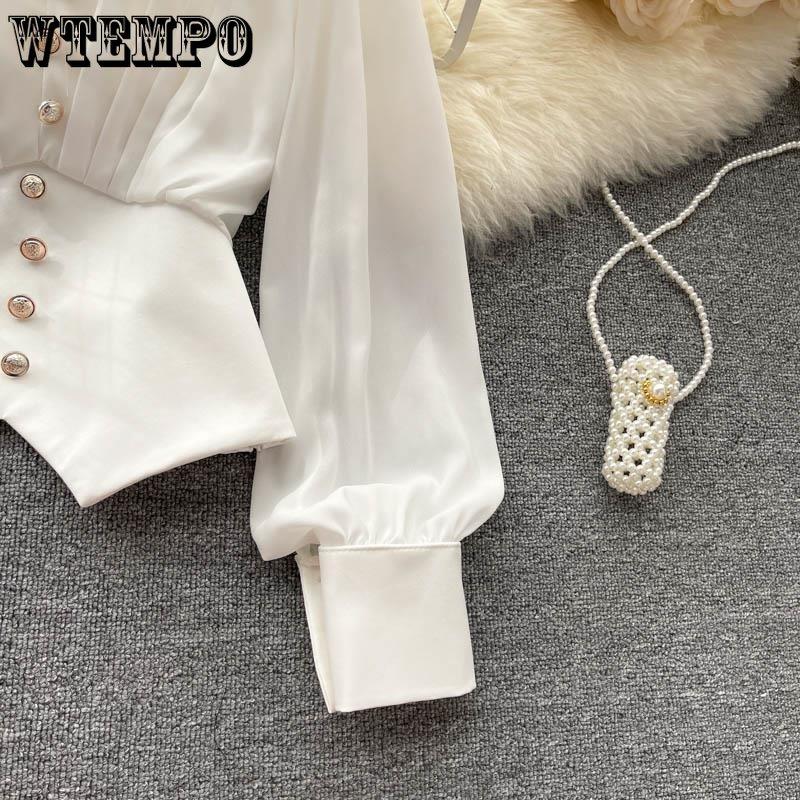 Jarní a podzimní dámská košile Design Sense Malá vráska Košile s výstřihem do V Dlouhý rukáv Košile s francouzským temperamentem Nepravidelný lem Elegantní košile s bublinkovým rukávem