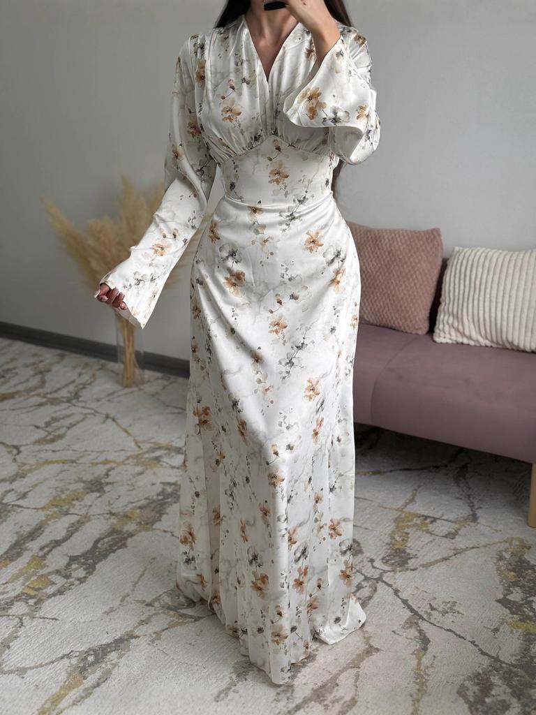 2025 Spring High-End French V-Neck Satin Print Swing Dress