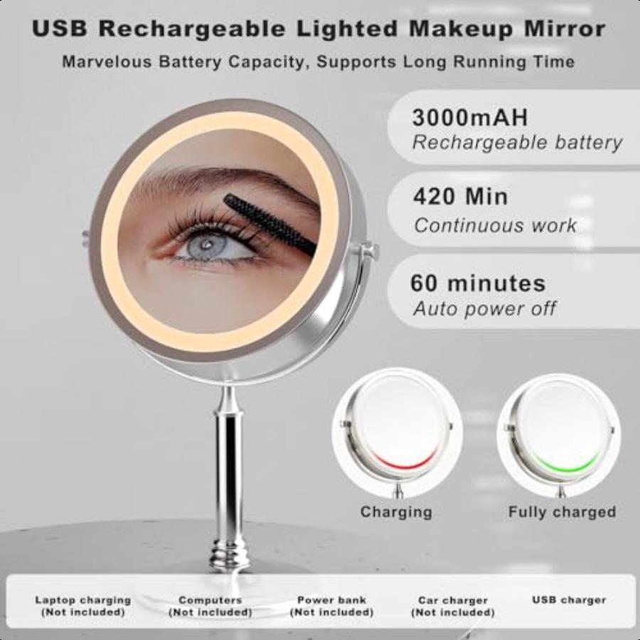 Rechargeable 2Sided Makeup Mirror 1X 10X Magnification 3 Color Lights 360 Swivel Cordl Detachable 4500mAh Battery