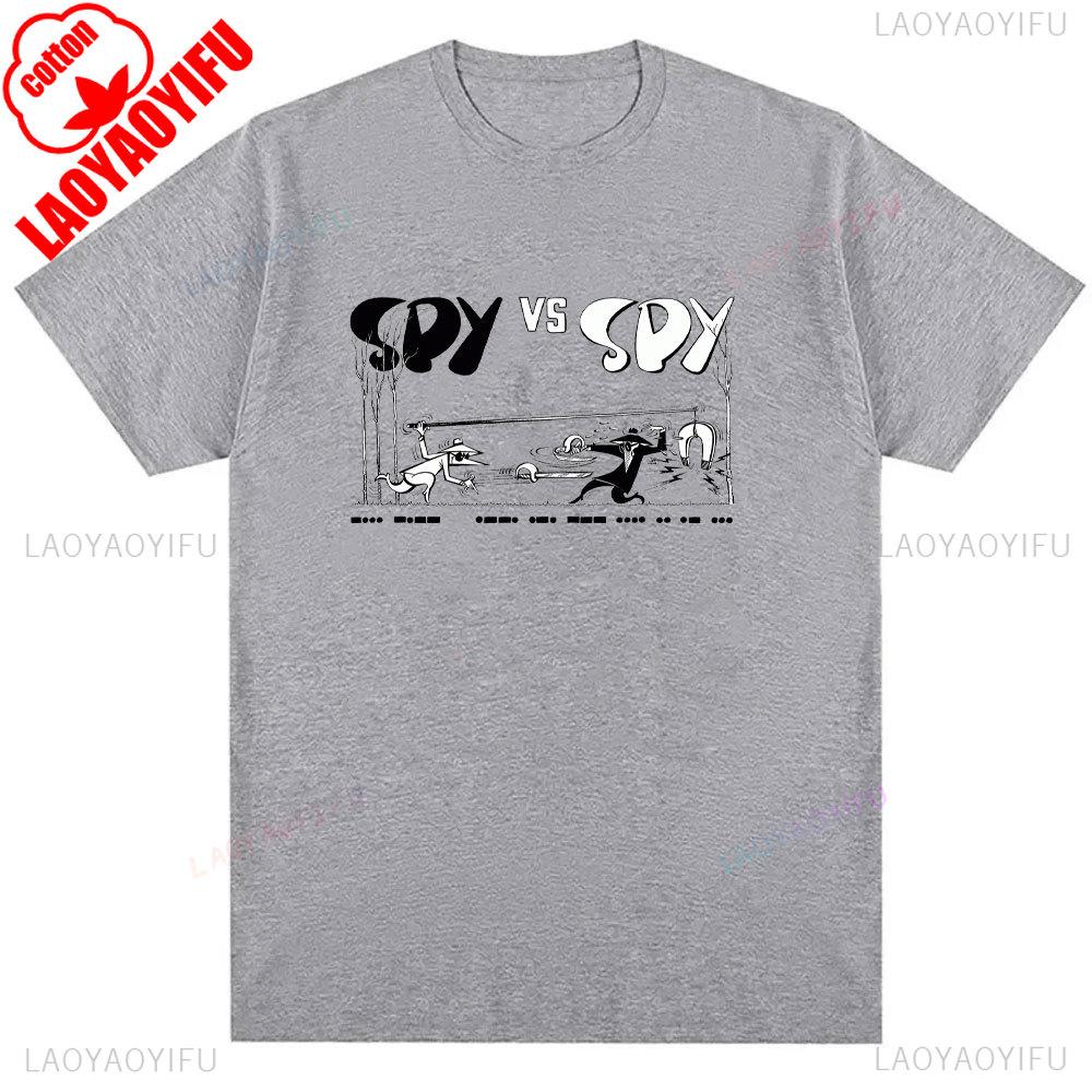 Mens Spy Vs Spy Graphic T Shirt Summer Cotton Crew Neck Retro 80s Cartoon Print Funny Humorous Vintage Style Fashion Tee Shirts