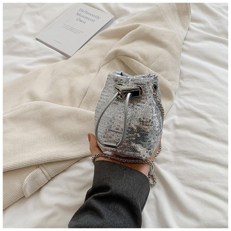 

Сумка Новая Летняя с Пайетками Мини Сумка-Ведро на Шнурке для Девочек Родитель-Ребенок Цепочка Кроссбоди Красный Пакет серебряный