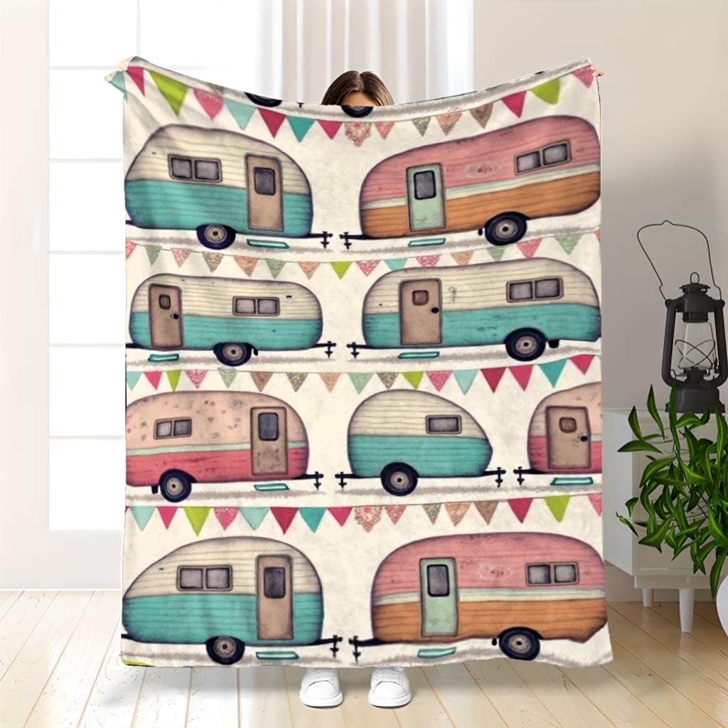 Happy Camper Blanket, Cozy Soft Warm Throw for Camper Vans Trees Sofa Bed, Contemporary Camping Decoration 75X95CM