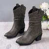 Bílé kovbojské boty pro ženy Podzim Zima Silné podpatky Zřasené kotníkové boty Žena Vintage Špičatá špička Západní Cowgirl Botas