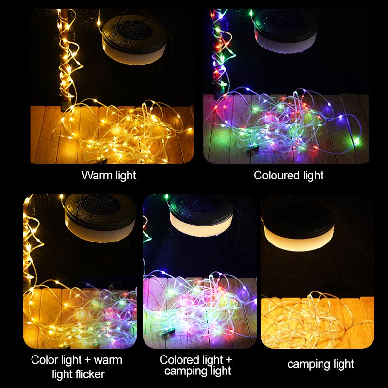 Solar 8 mode LED camping light belt, 10M length back magnetic hook outdoor waterproof tent decorative light string