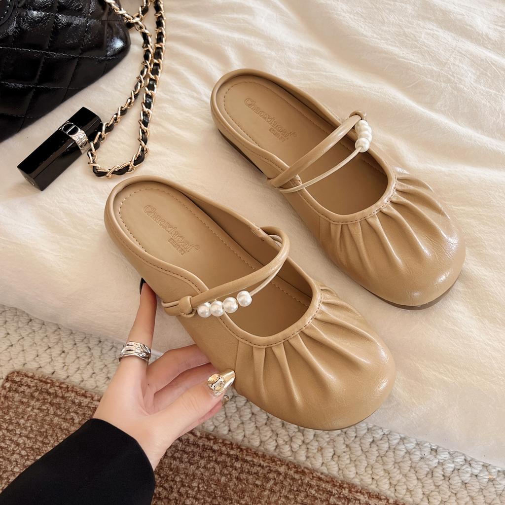 Pearl bag head half slippers women's outer wear 2025 new lazy with skirt flat bottom cool slippers