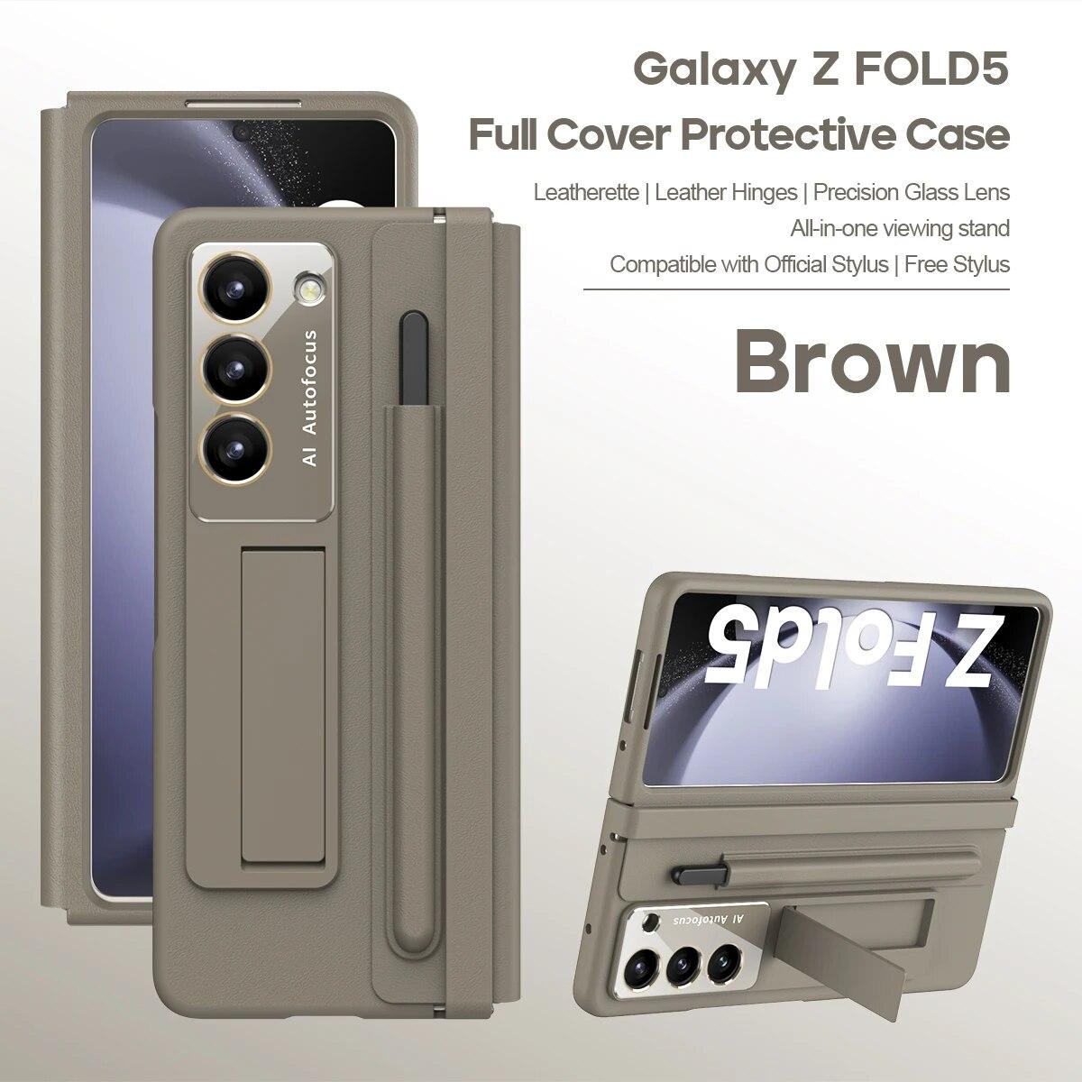 

Складной кожаный чехол для телефона Samsung Galaxy Z Fold4 с чехлом-ручкой для телефона Galaxy Z Fold 5, чехол со складным кронштейном Galaxy Z Fold5 коричневый