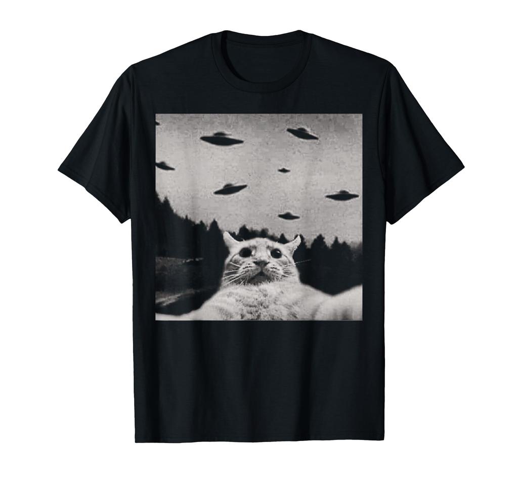 Funny Alien Cat Selfie UFO for Cats Lovers T-Shirt Men's Summer Oversized High Quality T Shirt Streetwear Harajuku Men Clothing