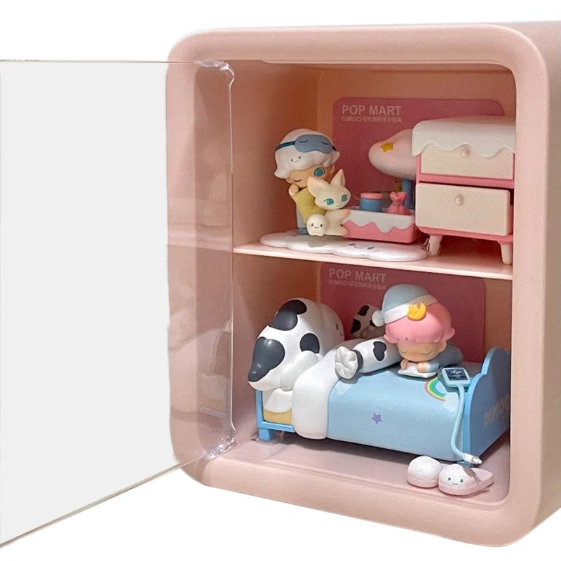 

Комната кукольного домика Шкаф для кукольного домика Витрина Кейс для хранения 2 яруса Прозрачная дверь Синий розовый